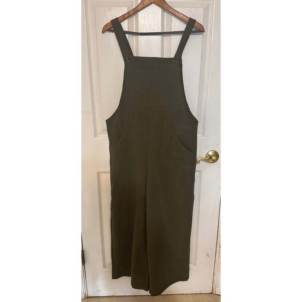 Olive Green Corduroy Wide Leg‎ Overalls Jumpsuit Adjustable Straps Size L